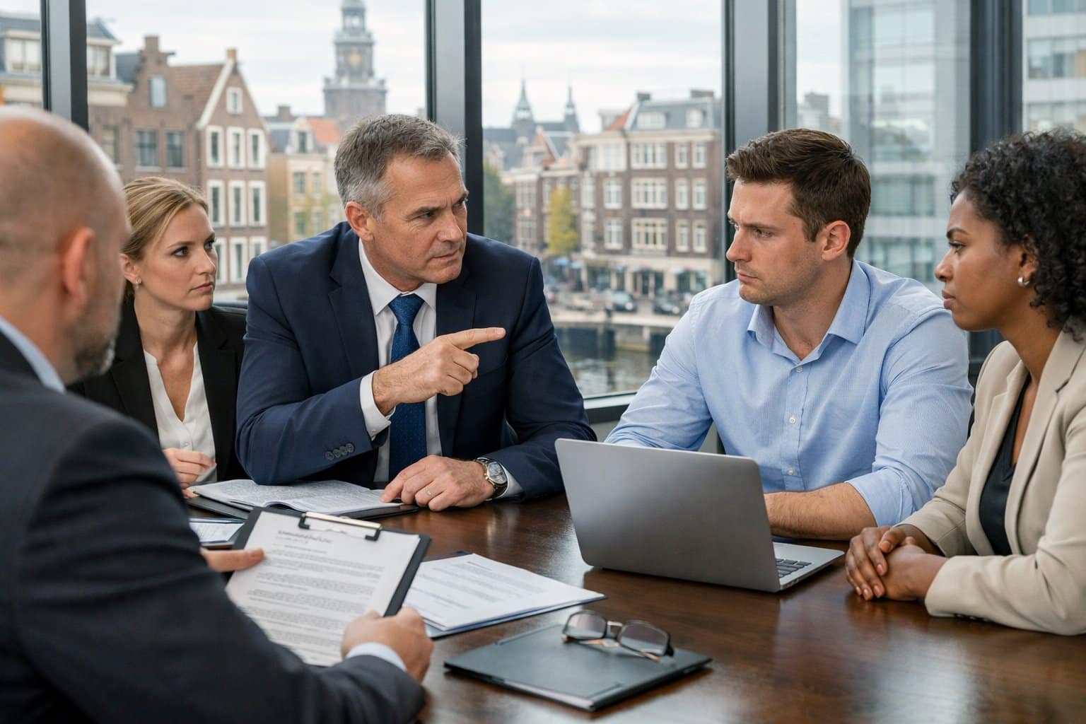 A group of professionals having a serious discussion around a conference table in a modern office with a view of a Dutch cityscape.