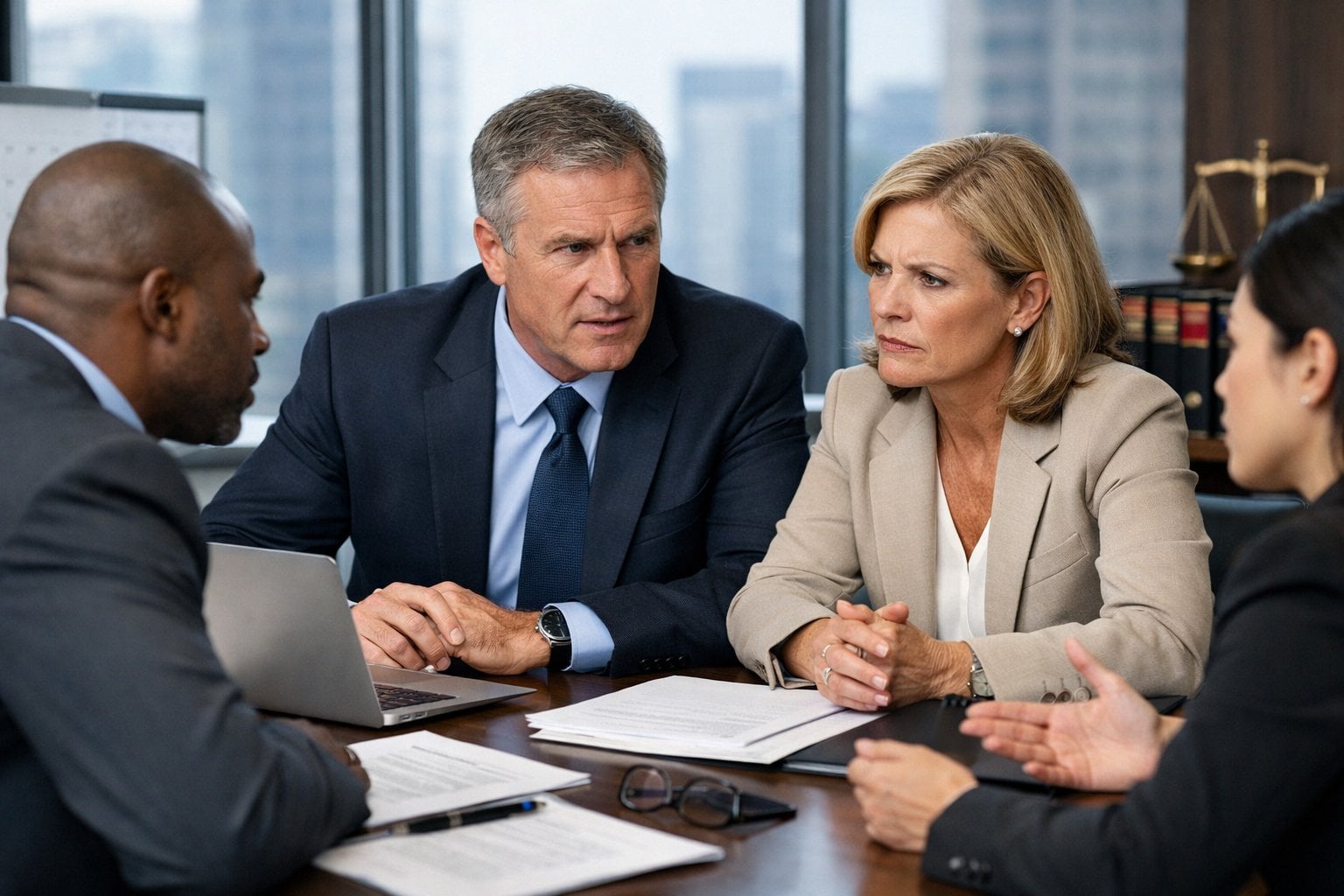 A group of professionals in a modern office having an intense discussion around a conference table with documents and a laptop.