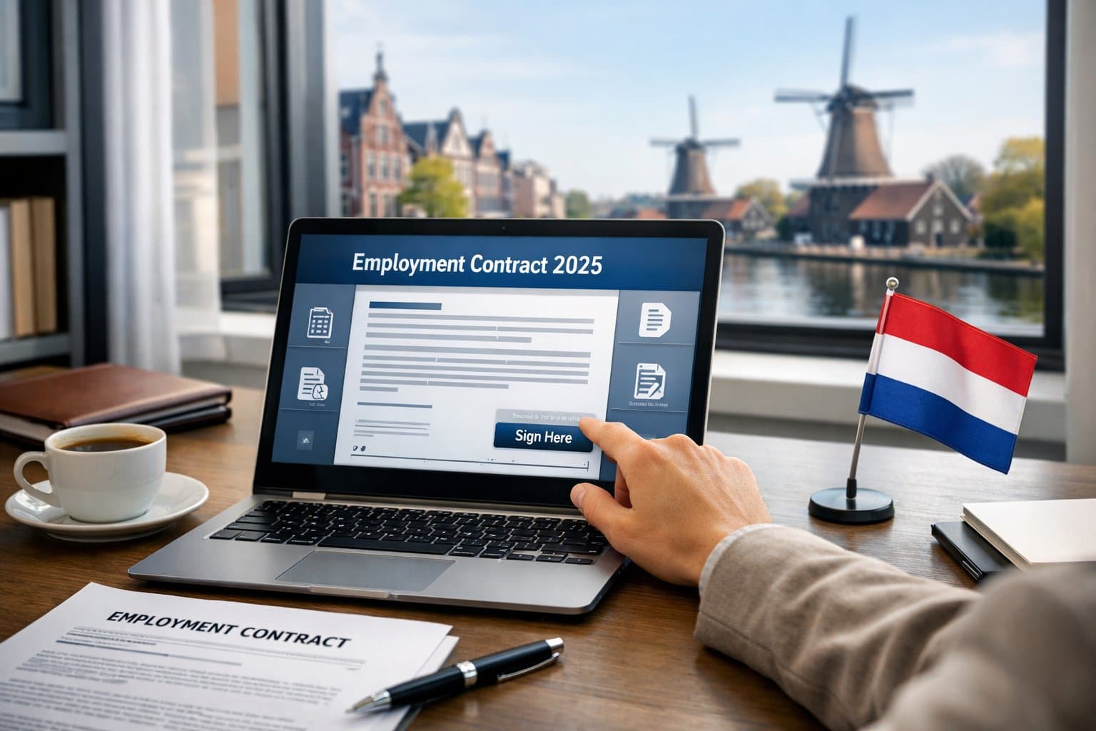 A person working at a home office desk with a laptop showing a digital contract, surrounded by legal documents and a small Dutch flag, with a window view of a Dutch cityscape in the background.