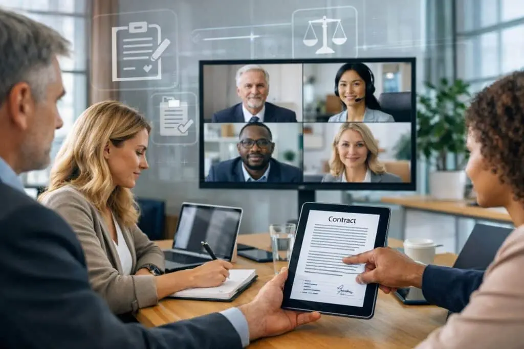 A group of professionals in a modern office engaged in a video call, reviewing digital documents related to remote work and employment contracts.