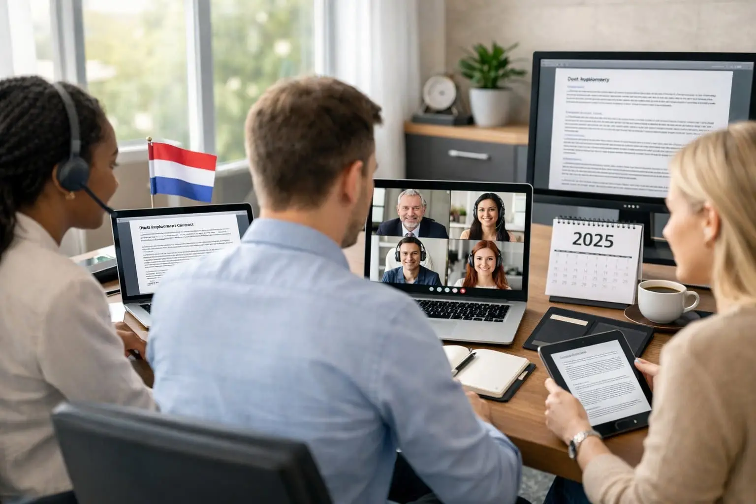 A group of professionals working remotely from home offices, engaged in a virtual meeting with laptops and documents related to employment contracts.