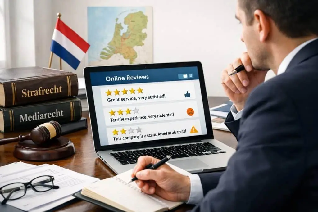 Person in business attire reviewing online reviews on a laptop with legal books and a map of the Netherlands in the background.