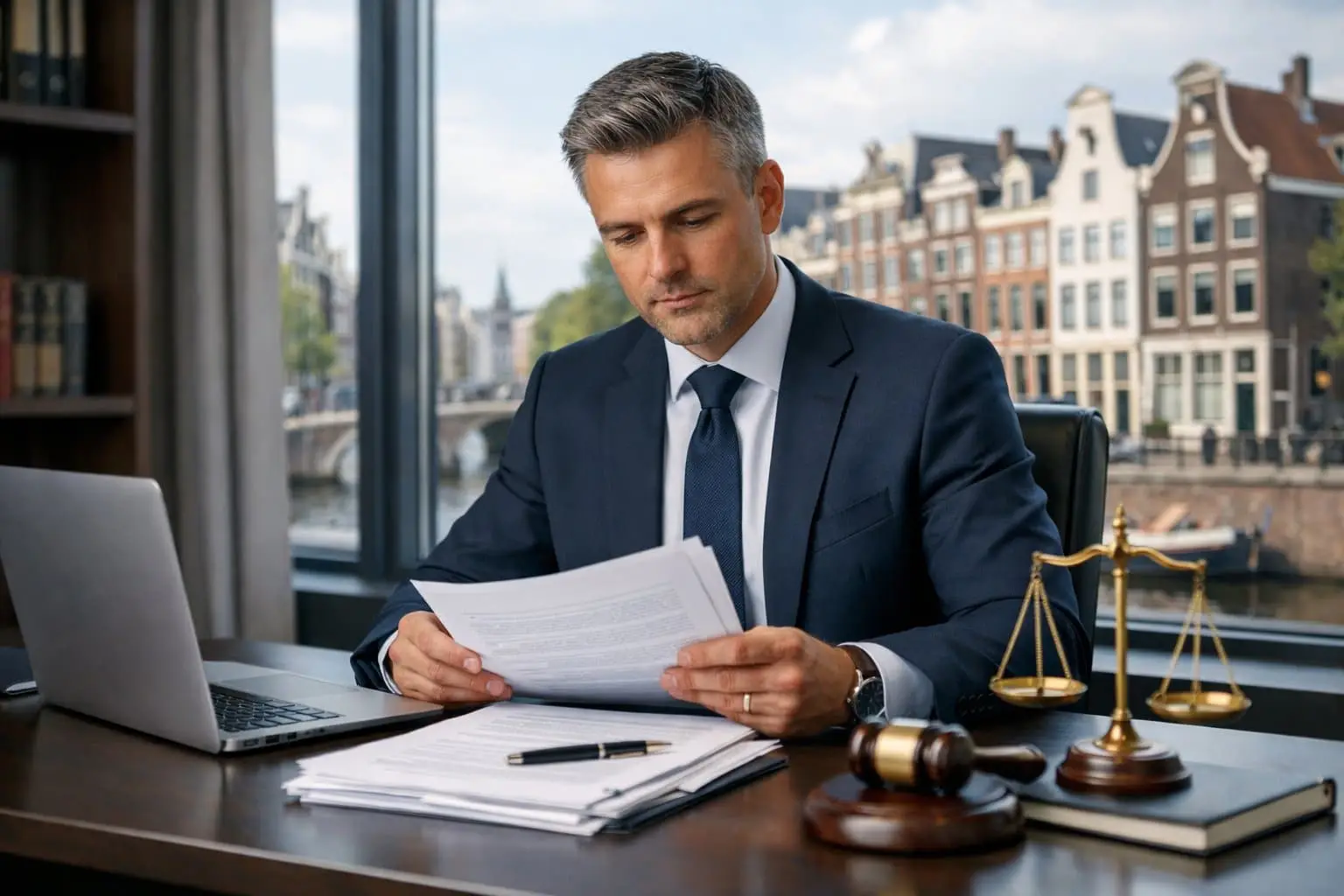 Product Liability in the Netherlands: What Can You Claim and Expect? 3 A business professional in a modern office reviewing legal documents with a cityscape featuring Dutch architecture visible through a window.