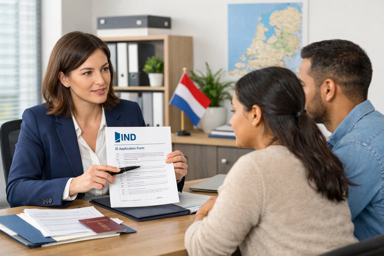 People in an office discussing immigration documents related to the Dutch immigration system.