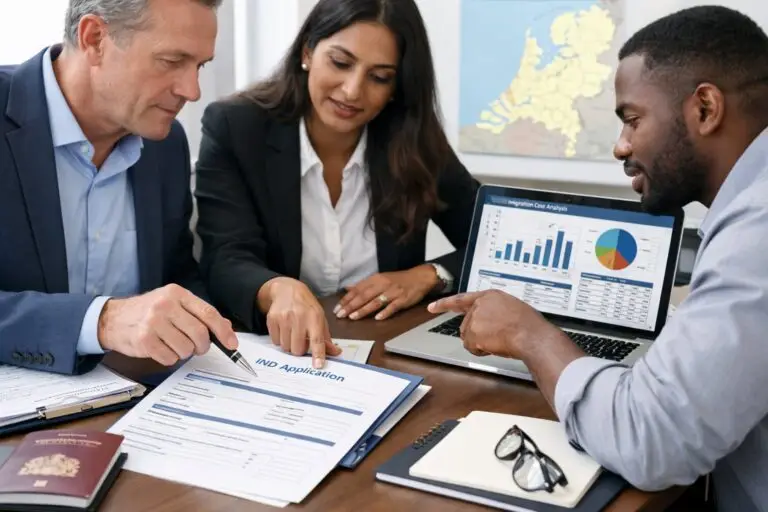 A group of professionals working together at a desk with documents and a laptop, discussing immigration procedures with a map of the Netherlands in the background.
