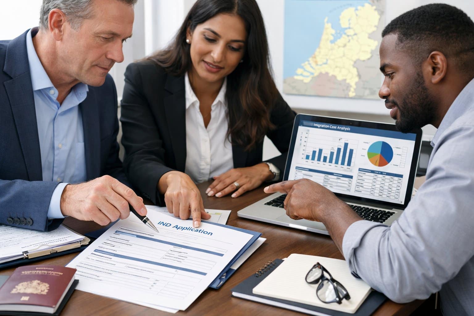 A group of professionals working together at a desk with documents and a laptop, discussing immigration procedures with a map of the Netherlands in the background.