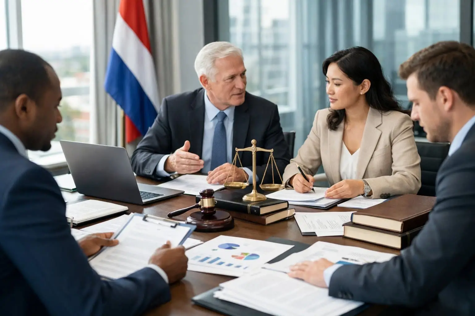 Business professionals in a modern office meeting around a table with documents and laptops, discussing legal and corporate matters.