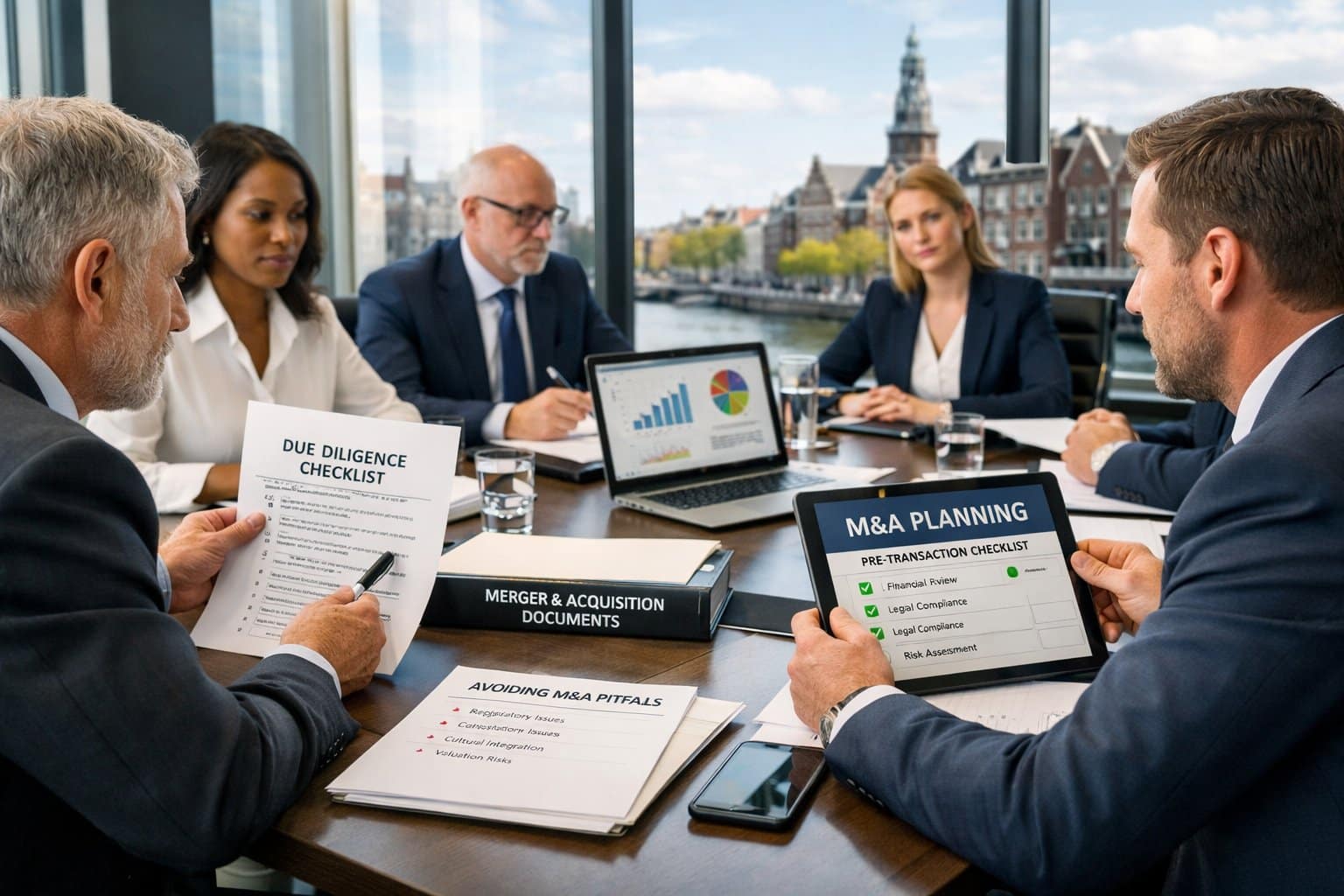 Business professionals in a meeting room reviewing documents and digital devices during a corporate planning session.