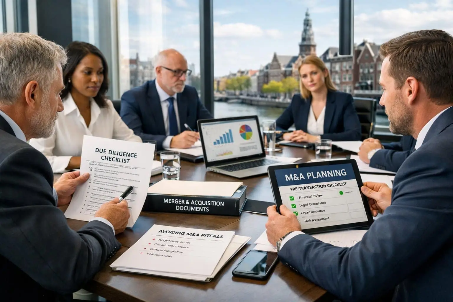 Business professionals in a meeting room reviewing documents and digital devices during a corporate planning session.