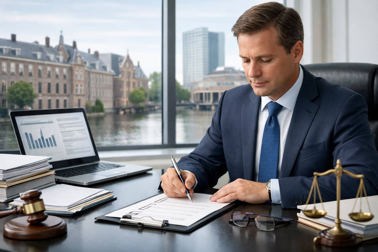 A business professional working at a desk with legal documents and a laptop, with a view of a Dutch city through a window in the background.