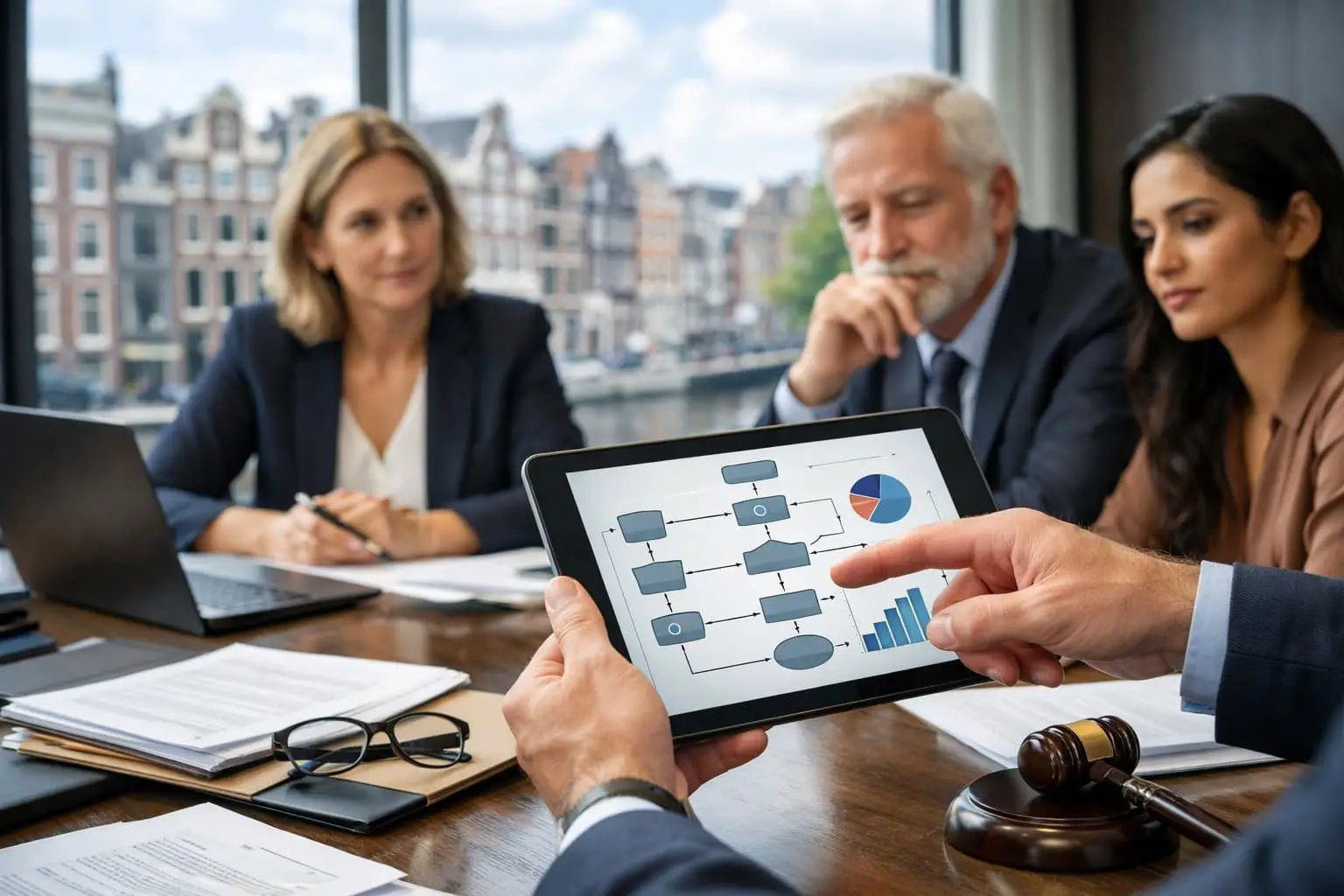 A group of professionals in a meeting room discussing documents and digital tablets with a cityscape visible through a large window.