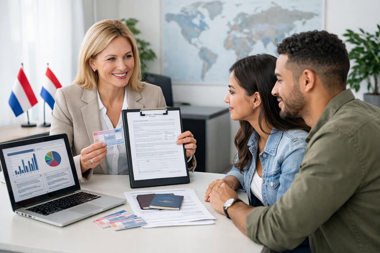 A group of people in an office discussing documents about residence permits, with a consultant explaining to a couple, and a Dutch flag visible in the background.