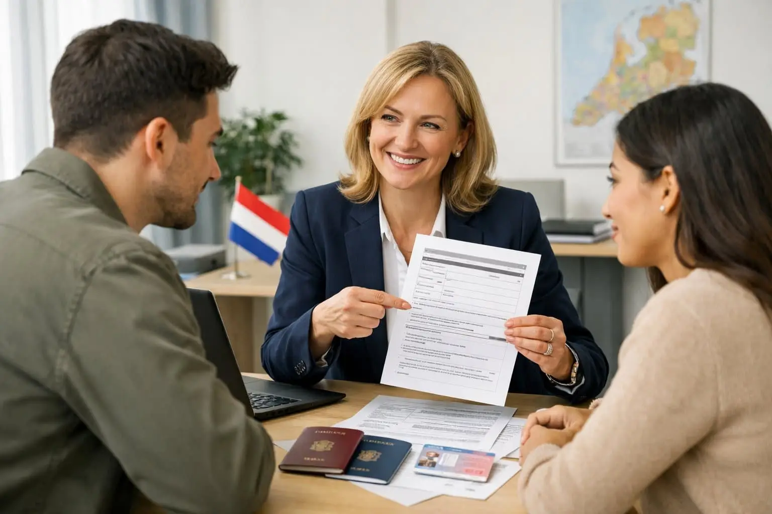 Dutch Residence Permits Explained: Temporary, Permanent, and EU Long-Term Status 2 People in an office discussing documents related to Dutch residence permits, with a professional advisor explaining paperwork to clients.