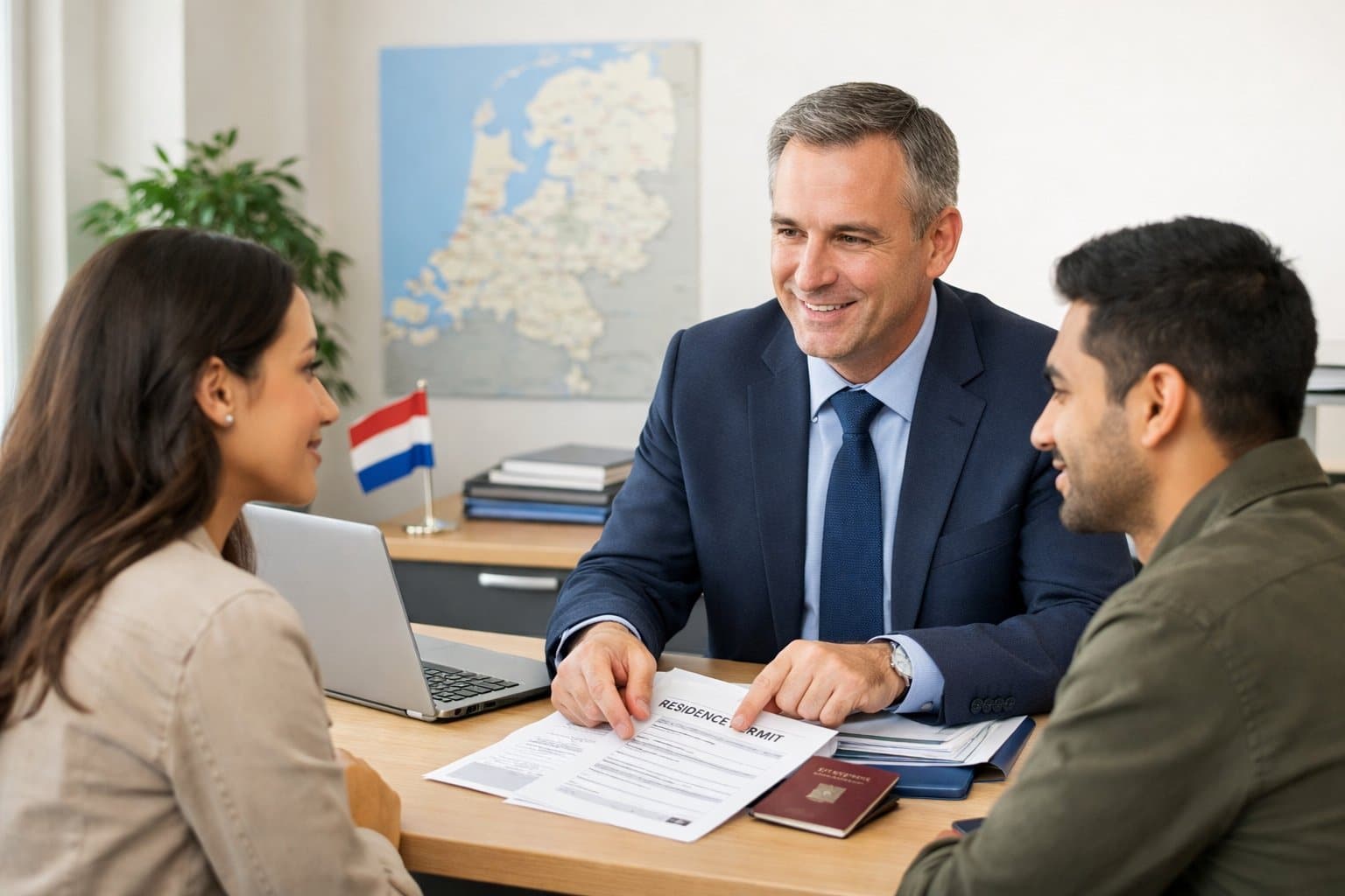 People discussing residence permits with an advisor in a modern office setting with Dutch elements visible.
