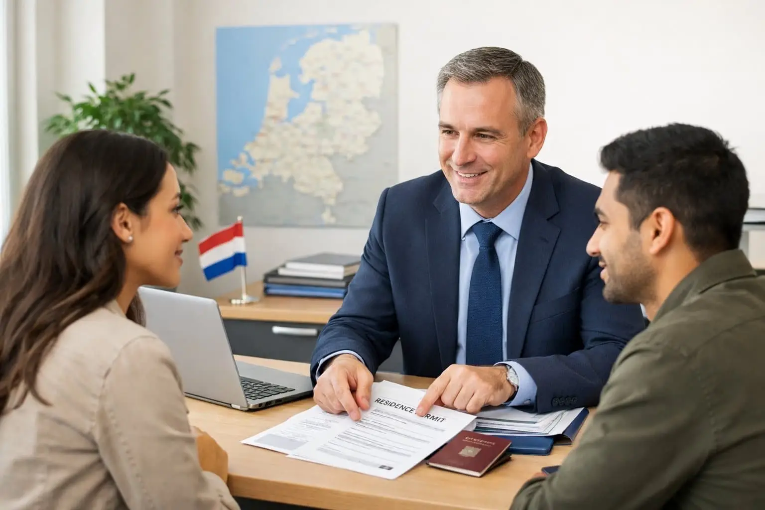Dutch Residence Permits Explained: Temporary, Permanent, and EU Long-Term Status 3 People discussing residence permits with an advisor in a modern office setting with Dutch elements visible.