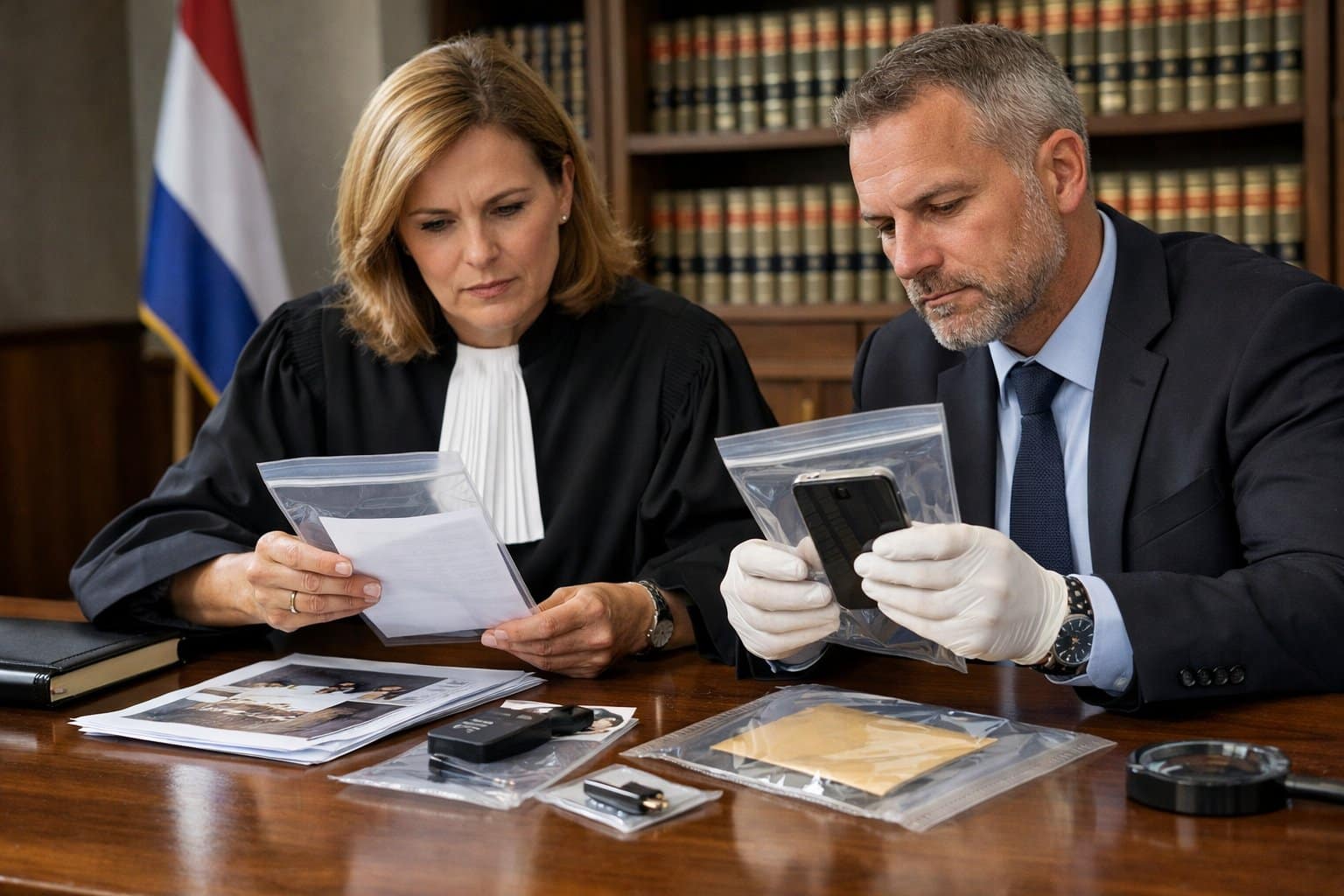 Two legal professionals examining evidence on a table in a courtroom with a Dutch flag in the background.