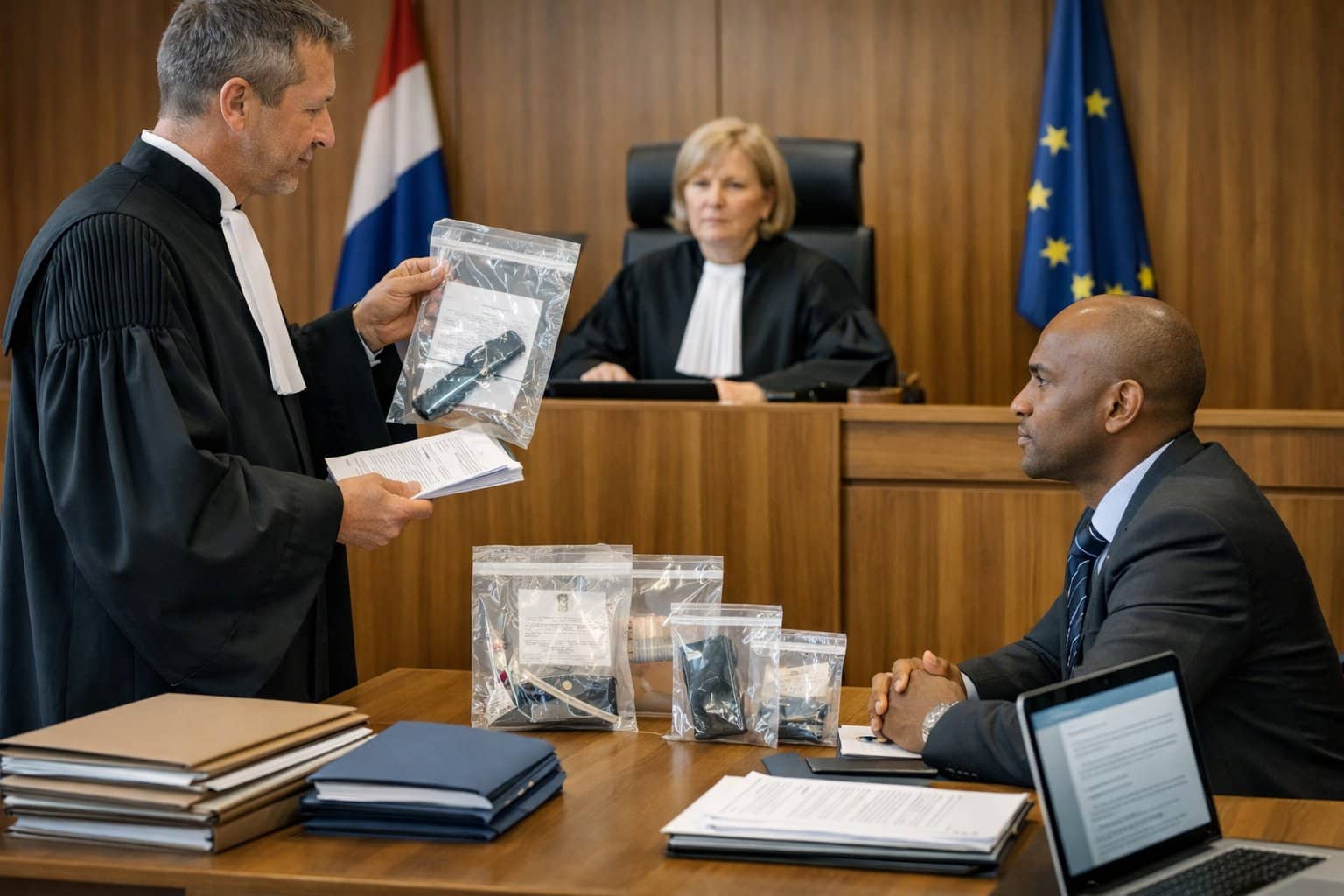 A courtroom scene with a judge, prosecutor, and defence lawyer discussing evidence in a Dutch criminal case.