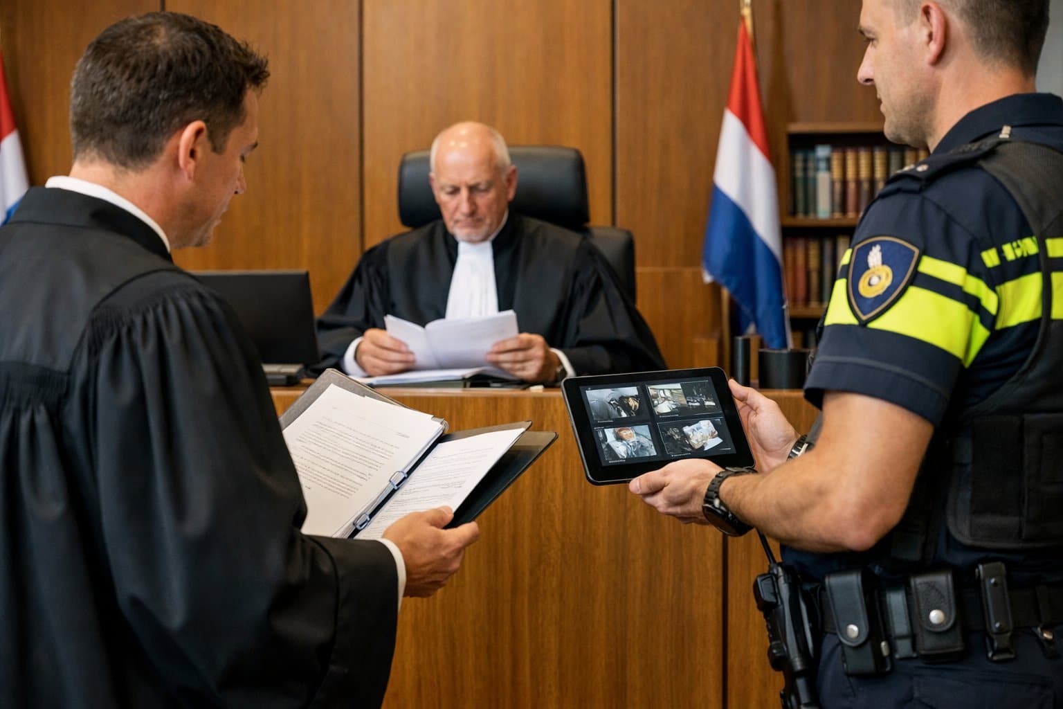 A judge, lawyer, and police officer in a Dutch courtroom reviewing evidence during a criminal case.