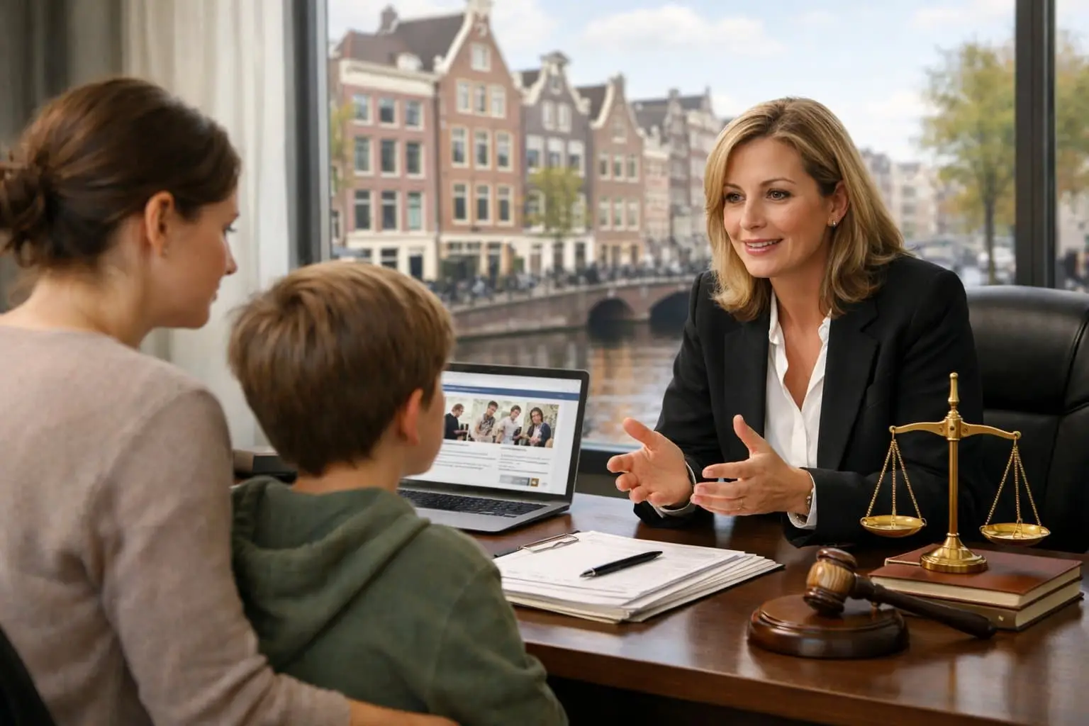 Child Contact Arrangements in the Netherlands: Restrictions Explained 1 A lawyer talking to a parent and child in an office with a view of Dutch canal houses outside the window.