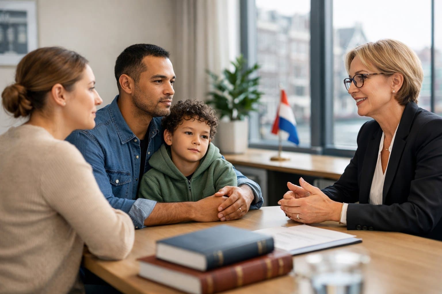 A parent, child, and mediator having a calm conversation in a bright modern office setting.