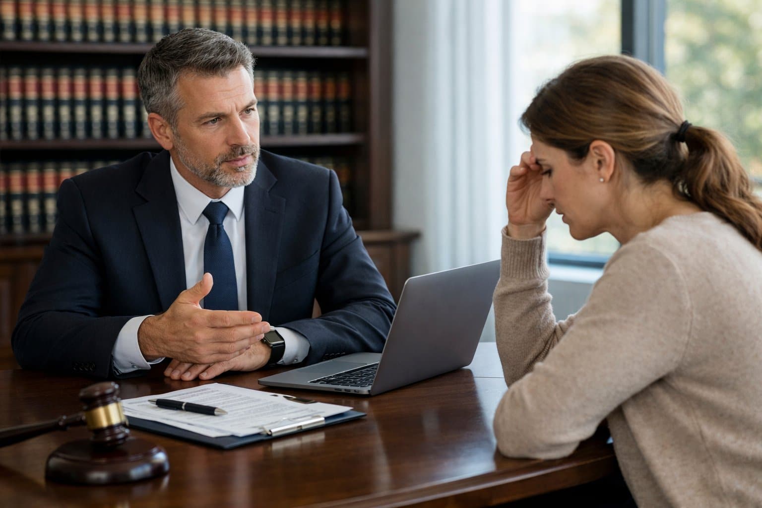 A lawyer and a parent having a serious discussion in a modern office with legal documents on the table.