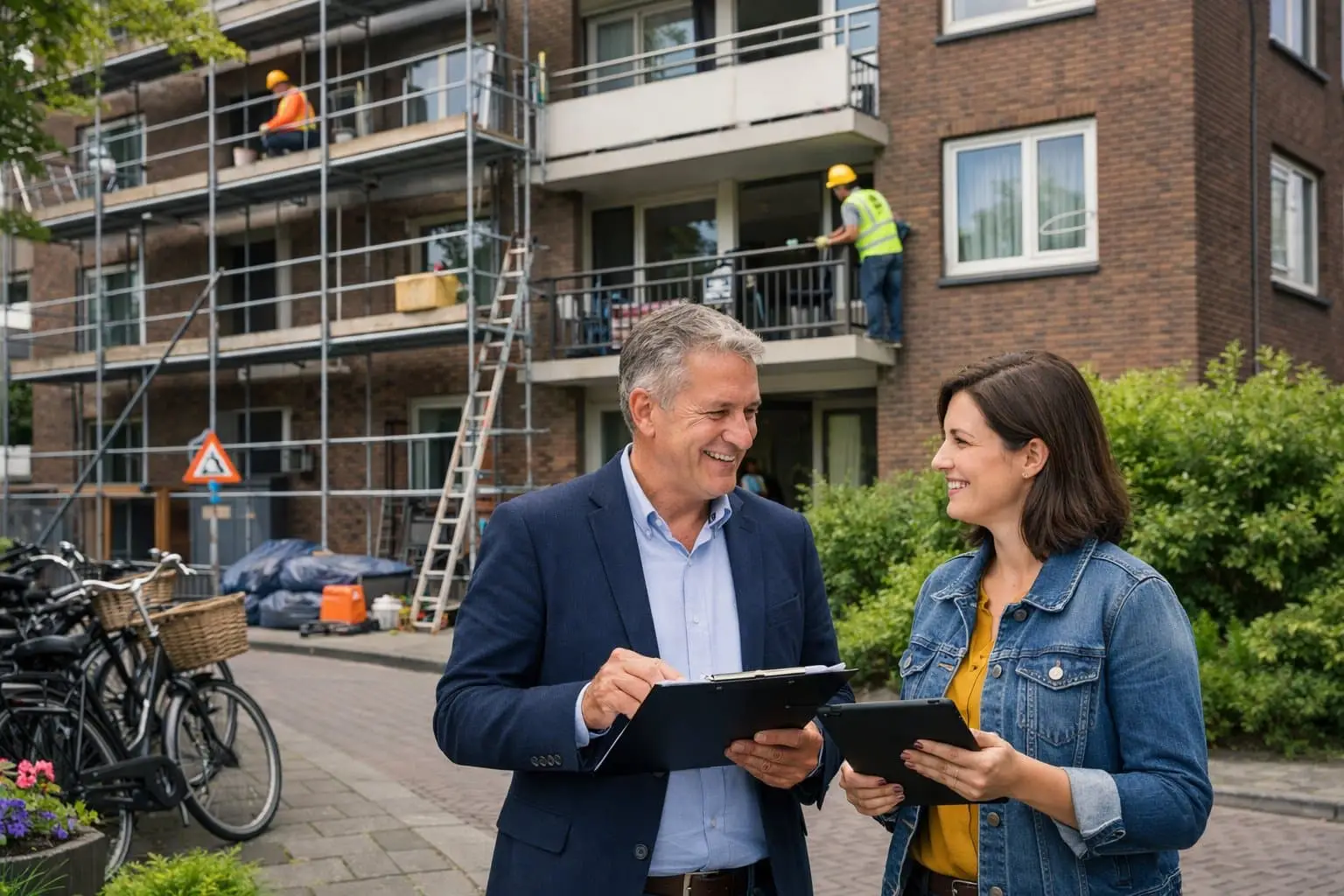 Renovation with Continued Tenancy in the Netherlands: Rights and Obligations for Landlords and Tenants 1 A residential building in the Netherlands under renovation with workers on scaffolding and a landlord talking to a tenant outside.