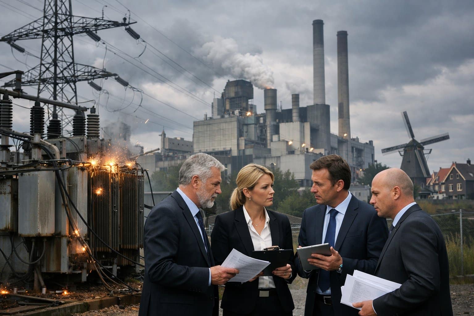 Business professionals discussing near an industrial factory and electrical infrastructure with signs of power outage in the Netherlands.