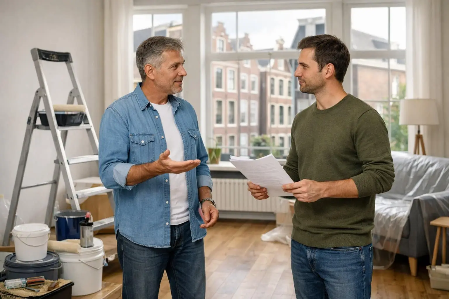 Renovation with Continued Tenancy in the Netherlands: Rights and Obligations for Landlords and Tenants 2 A landlord and tenant discussing renovation inside a modern Dutch apartment with renovation tools and materials visible.