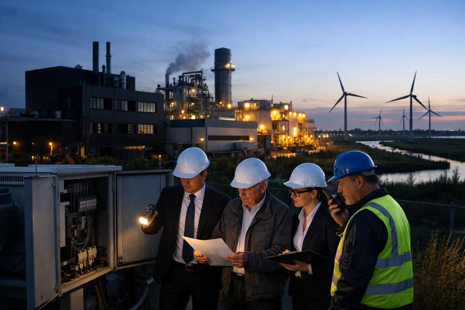 Business professionals and engineers discussing power outage at an industrial facility in the Netherlands with wind turbines and canals in the background.