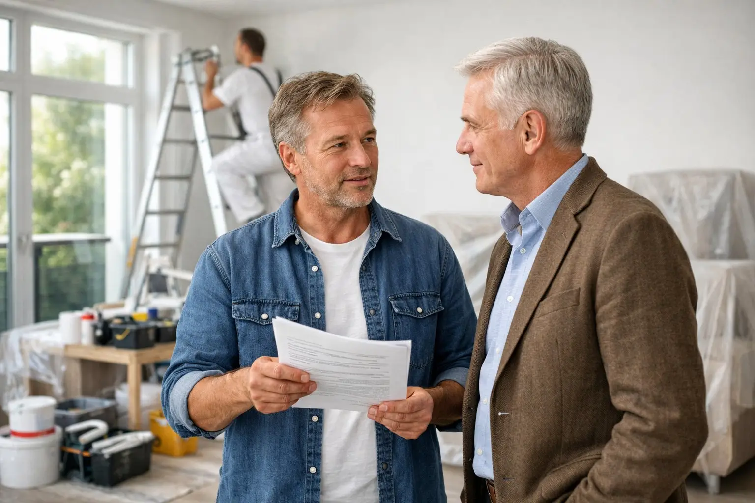 Renovation with Continued Tenancy in the Netherlands: Rights and Obligations for Landlords and Tenants 3 A tenant and landlord discussing inside a bright apartment undergoing renovation with painter and tools visible in the background.