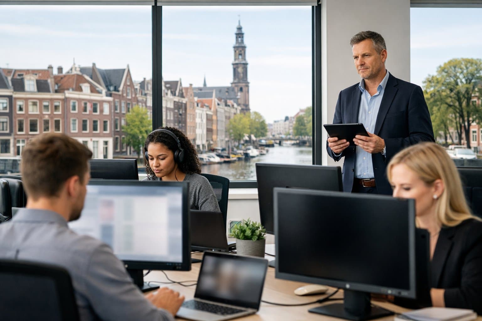 An office scene in the Netherlands showing employees working at desks with a manager observing discreetly, emphasising workplace monitoring and privacy.