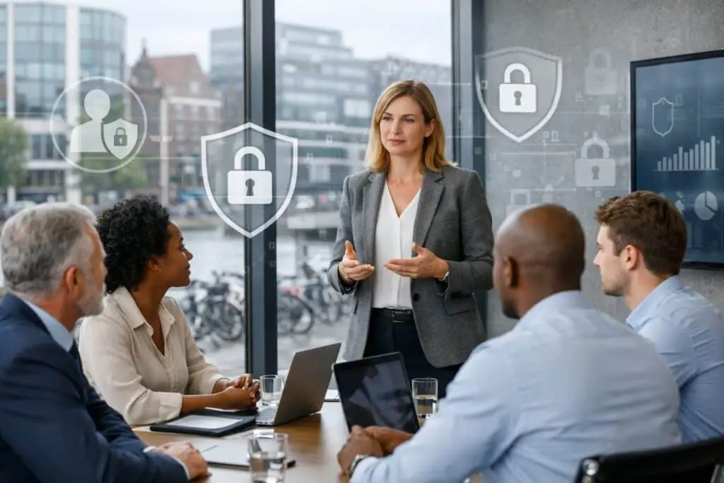 A group of professionals in a meeting room discussing employee monitoring and privacy policies in a modern office with a view of a Dutch city outside.