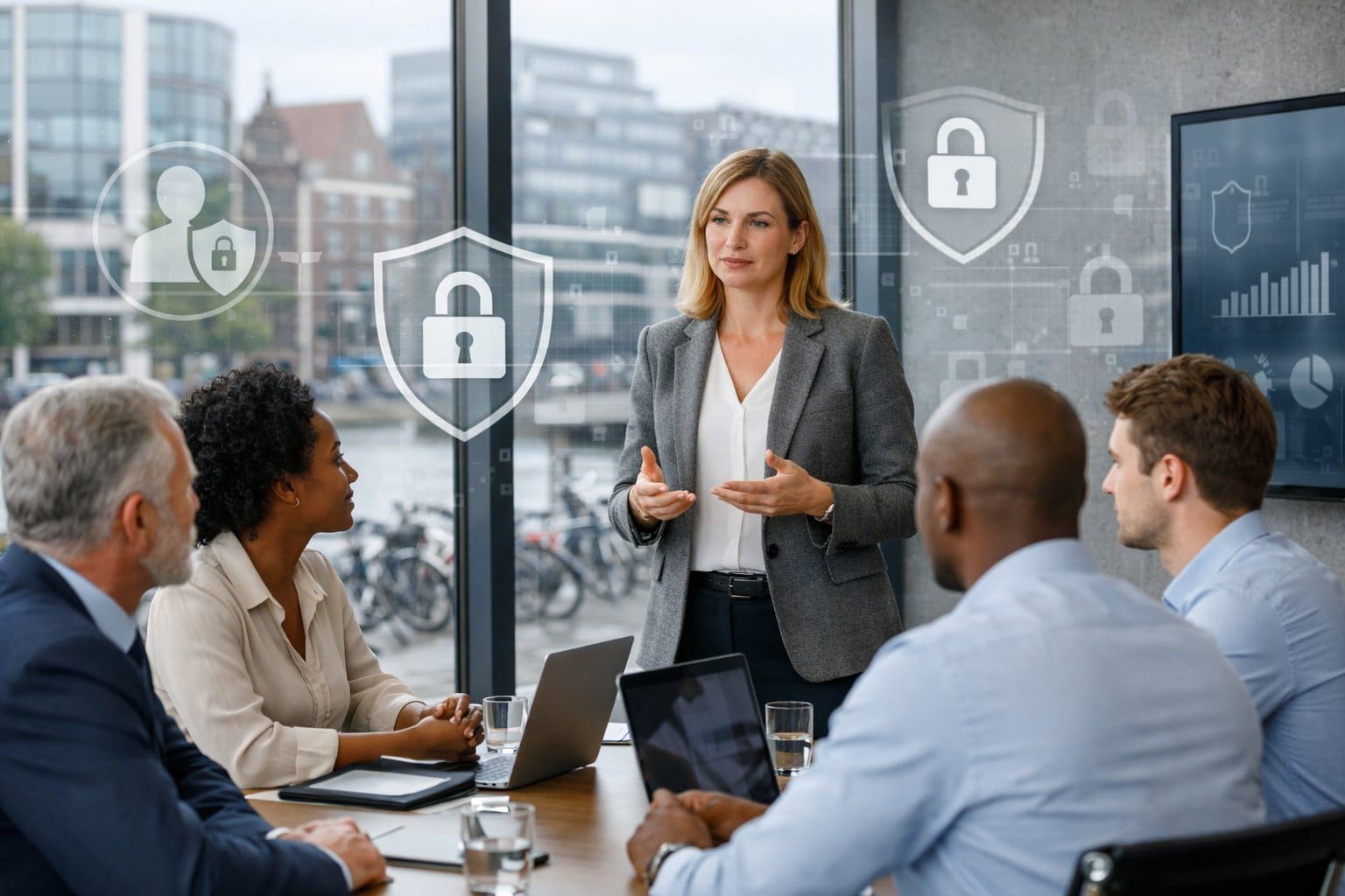 A group of professionals in a meeting room discussing employee monitoring and privacy policies in a modern office with a view of a Dutch city outside.
