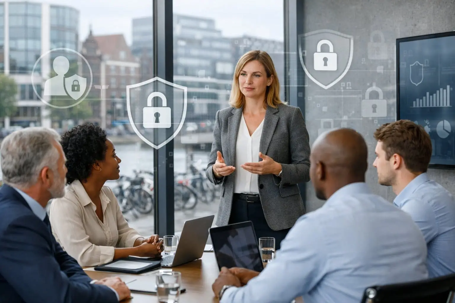 A group of professionals in a meeting room discussing employee monitoring and privacy policies in a modern office with a view of a Dutch city outside.