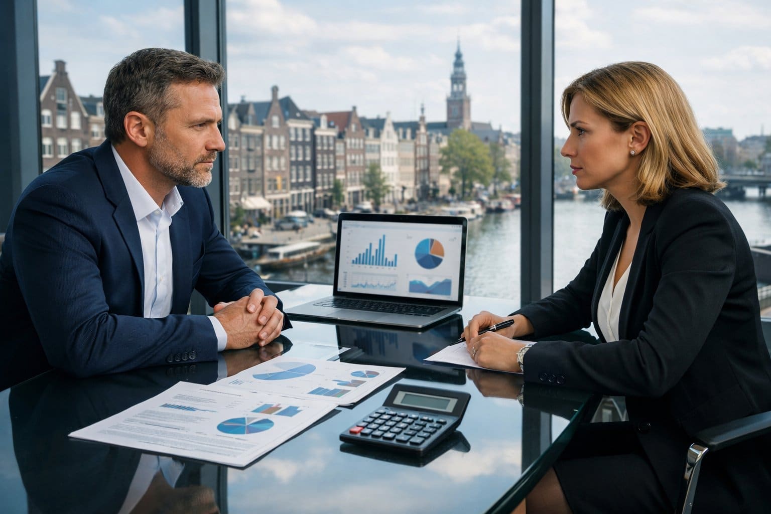 Two entrepreneurs in a modern office discussing financial documents and business valuation with a cityscape visible through large windows.