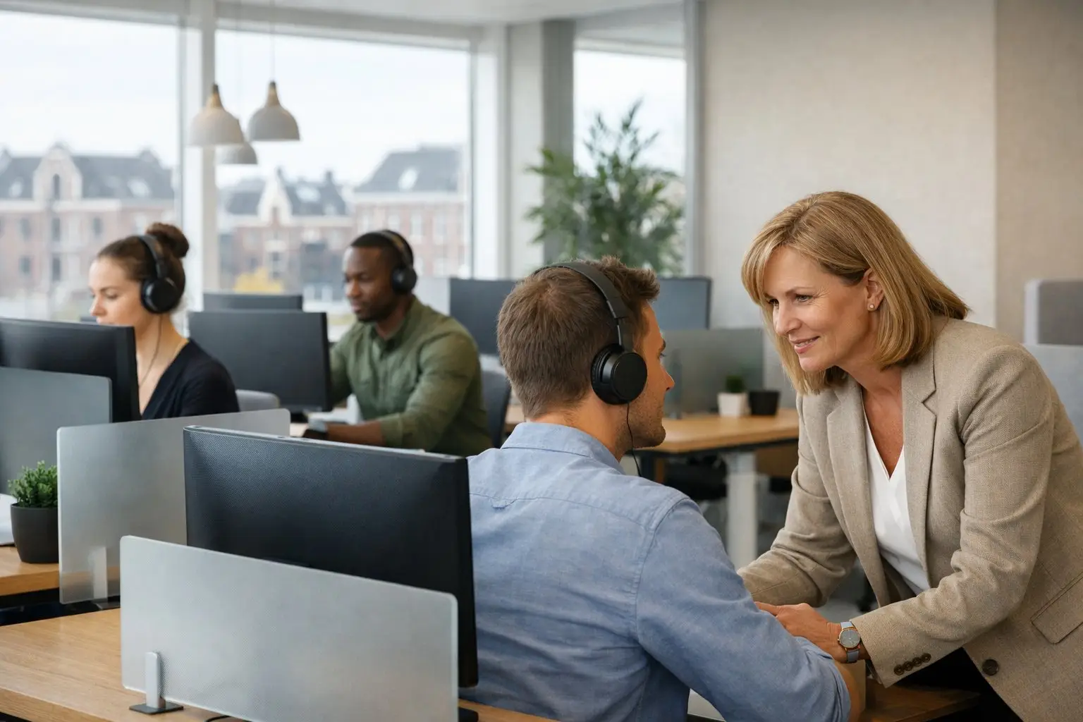 An office scene with employees working at desks and a manager quietly observing, showing a respectful workplace environment focused on monitoring and privacy.