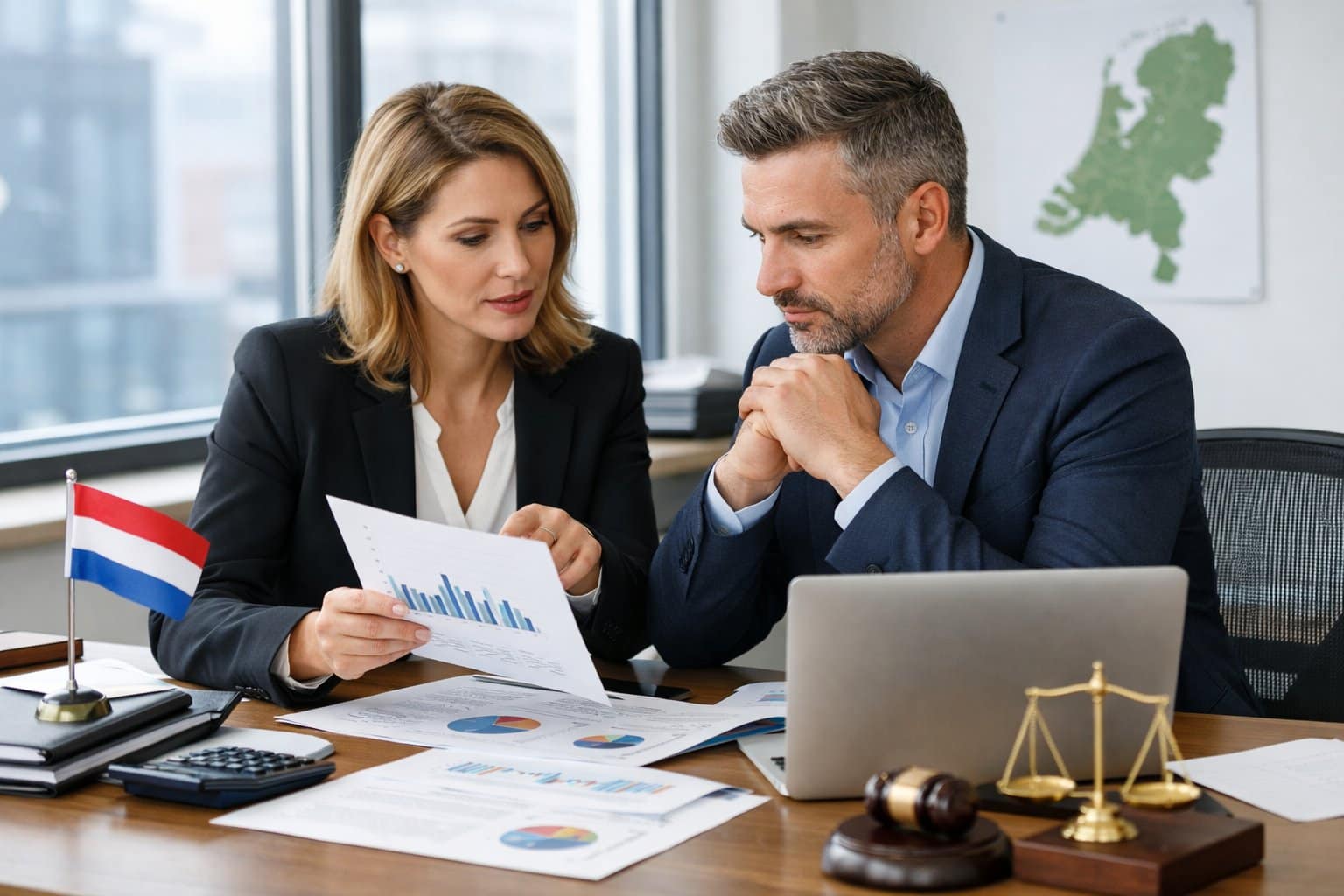 Two business professionals discussing financial documents and a laptop in a modern office with natural light and a map of the Netherlands on the wall.