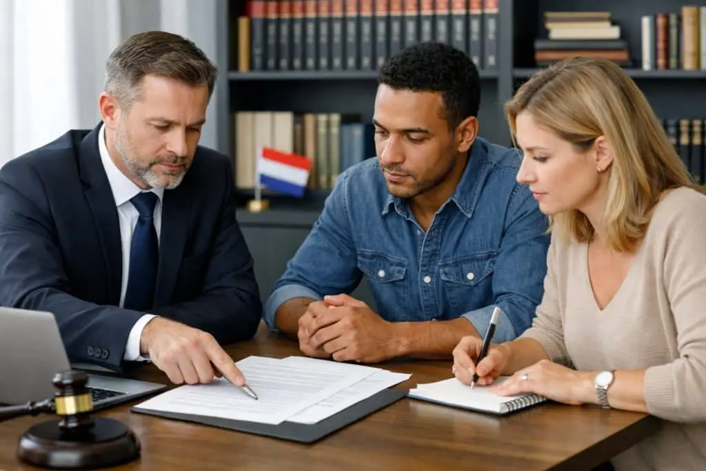 Three adults discussing legal documents in a modern office with a laptop and bookshelf, focusing on a serious conversation about homeowners' association issues.