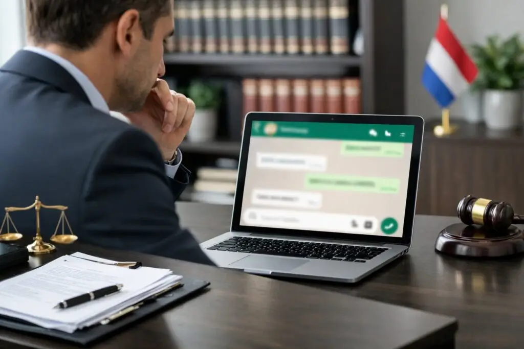 A business professional reviewing messages on a laptop in an office with legal documents and a Dutch flag in the background.
