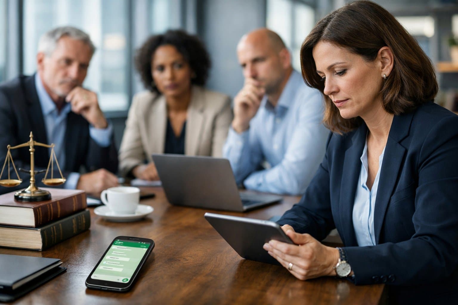 A group of professionals in a modern office reviewing a smartphone showing a messaging app during a serious meeting.