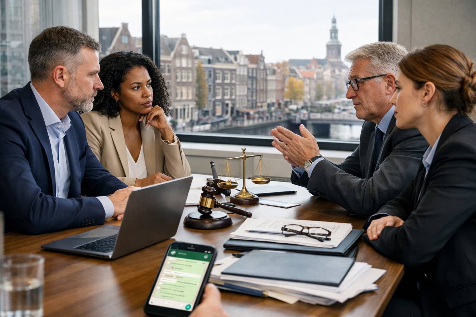 A group of professionals in an office discussing documents and a smartphone showing a messaging app, with a city view through the window.