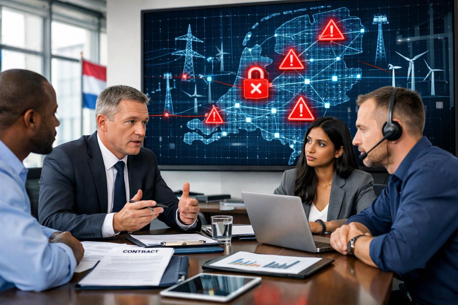 A group of professionals discussing documents around a conference table with a digital screen showing a network grid and warning icons in an office.