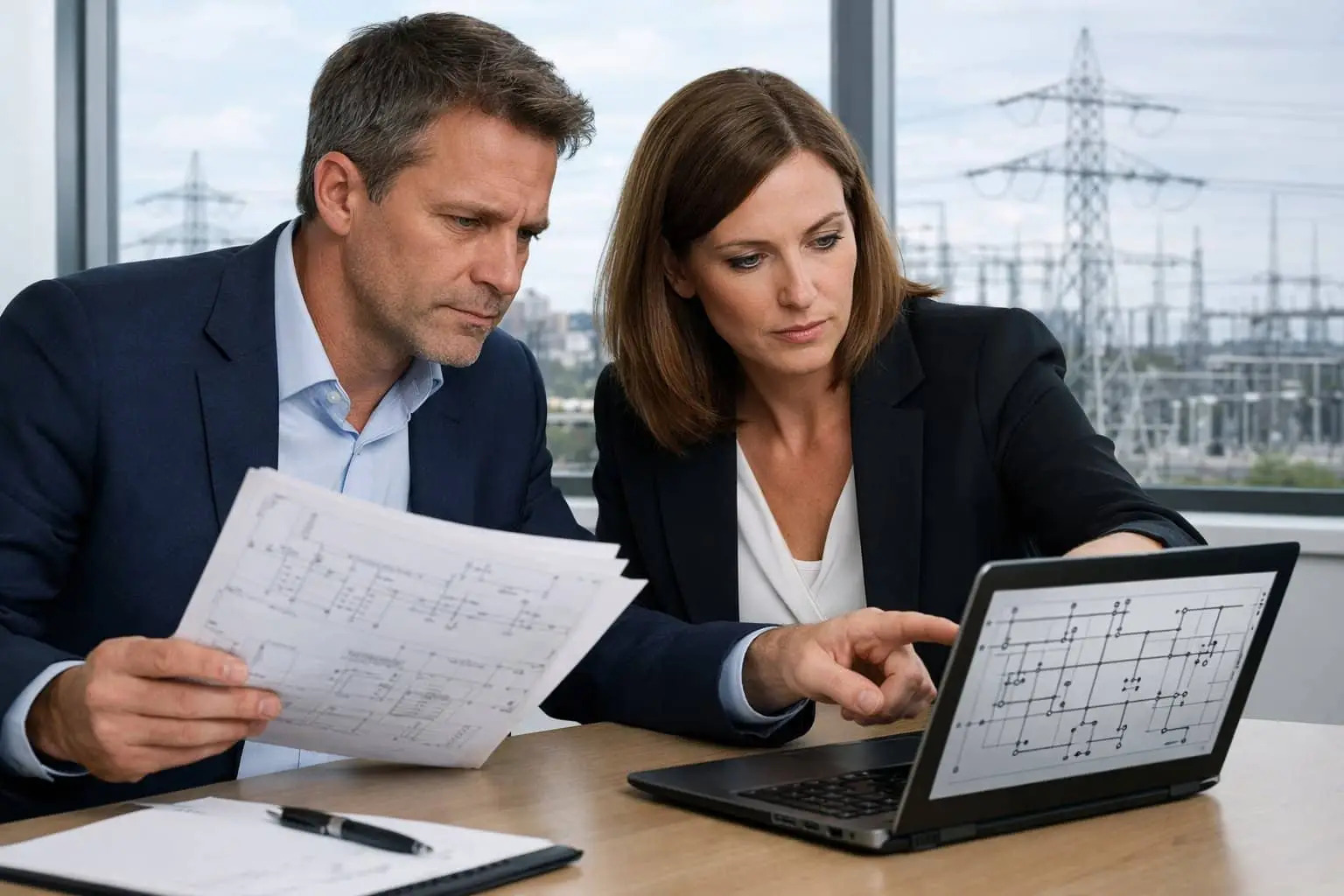 Grid Connection Refused by a Network Operator: Your Legal Options in the Netherlands 2 Two business professionals reviewing documents and a laptop with electrical grid diagrams in an office overlooking a city with power lines.