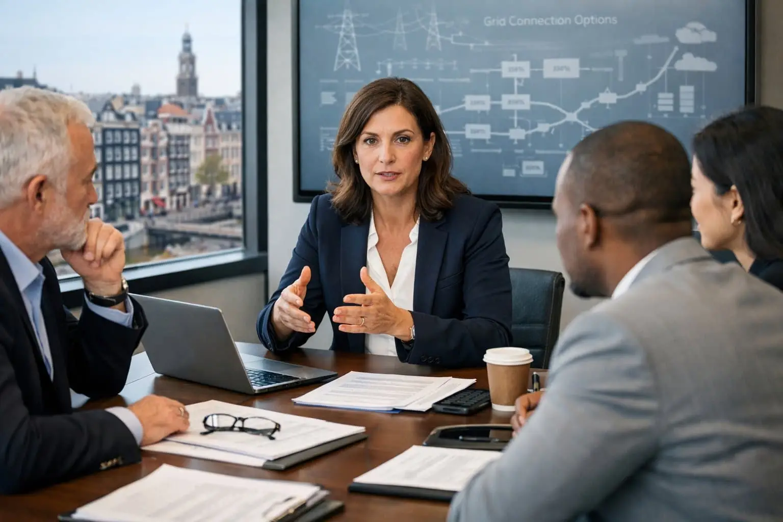 Grid Connection Refused by a Network Operator: Your Legal Options in the Netherlands 3 A group of professionals discussing legal documents around a conference table in an office overlooking a cityscape.