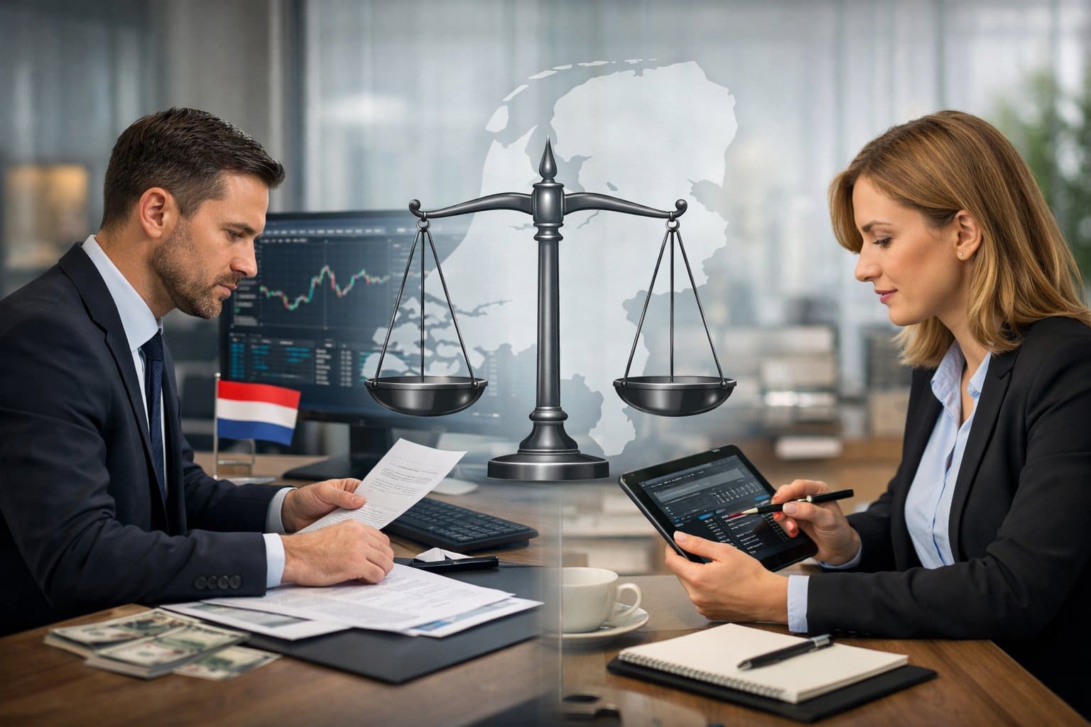 Two professionals in an office analysing financial documents and digital data with legal scales and Dutch symbols in the background.