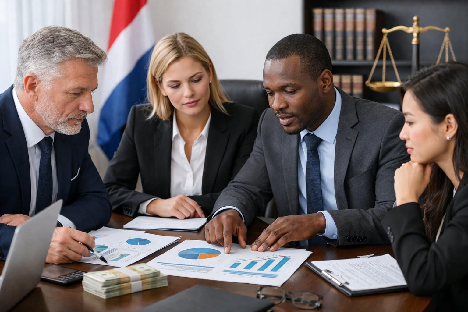 A group of professionals in a meeting room discussing financial documents with a Dutch flag and scales of justice in the background.