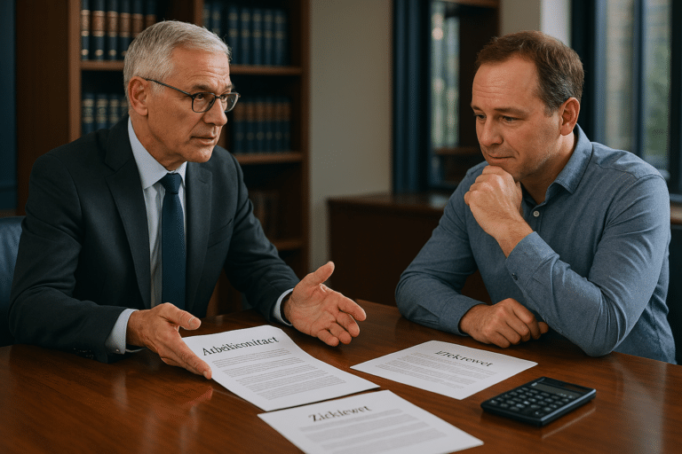 Lawyer and employee discussing severance compensation at conference table in modern law office