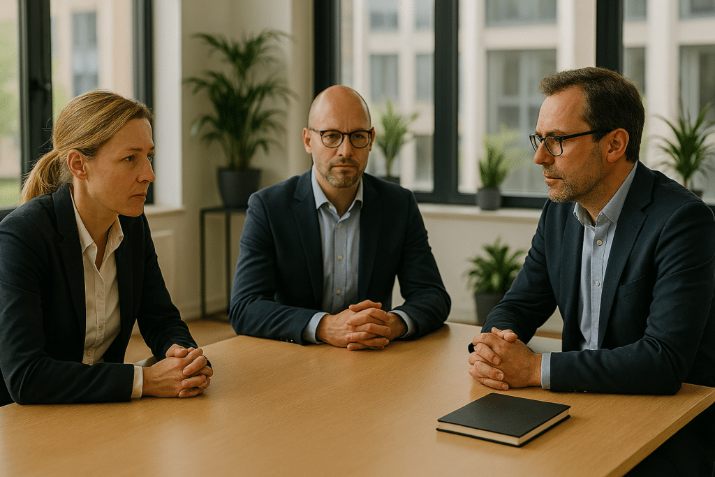 AI-Generated Inventions and Patent Law: Who Owns the Innovation? 2 three persons in a meeting room