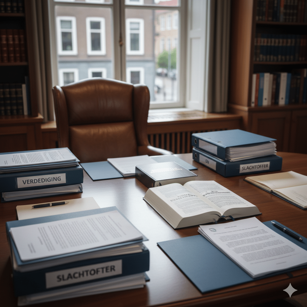 Professional organized desk with criminal law documents regarding five investigative questions, investigation requests and expert examination in criminal proceedings