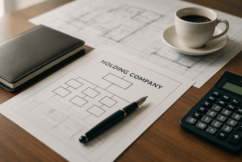 Professional business workspace showing holding company structure diagram, architectural drawings on wooden desk with pen and documents, photorealistic overhead view